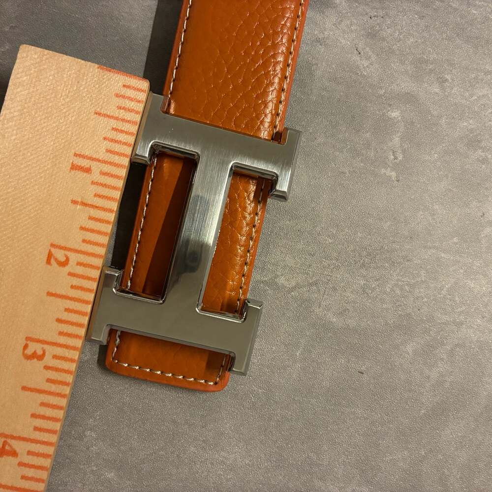 Luxury Orange Leather Belt with Silver H Buckle for Men - Picture 3 of 4